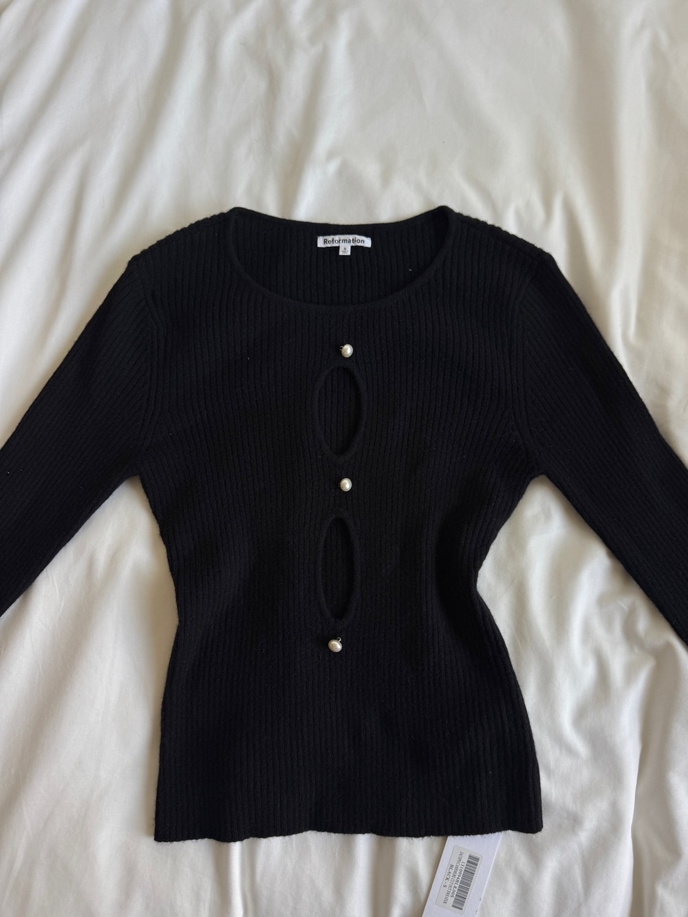 Reformation Black Cashmere Cutout Ribbed Sweater with Pearl Buttons